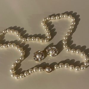 Vintage Gold Tone Pearl Earrings And Necklace